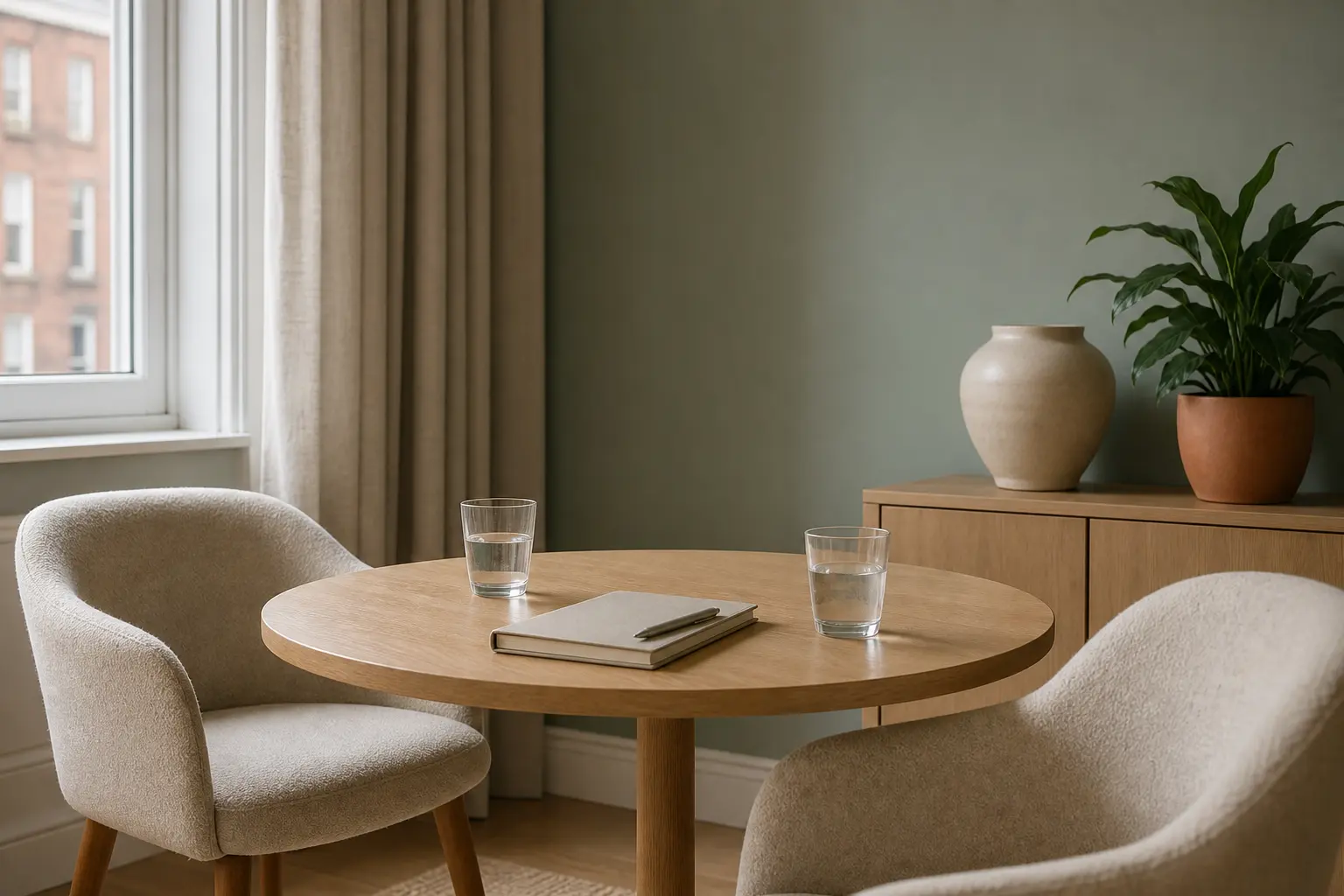Quiet nutrition clinic consultation space with a table and notebooks