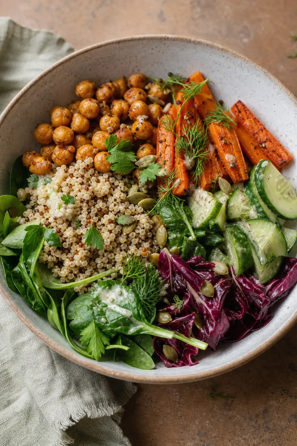 Colourful fibre-rich meal prepared with grains and vegetables